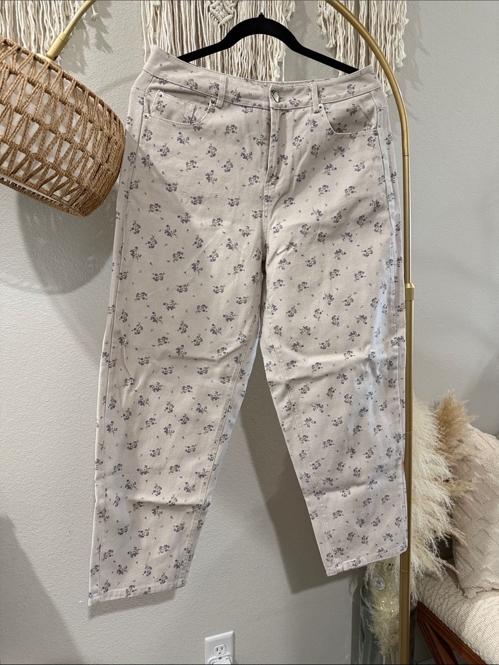 Floral Print Beige Barrel Jeans
